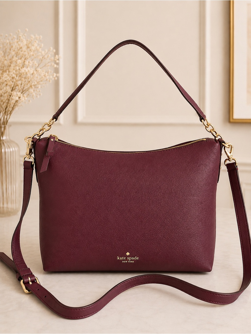 Kate Spade Burgundy Pebbled Leather Hobo Shoulder Bag Crossbody Purse